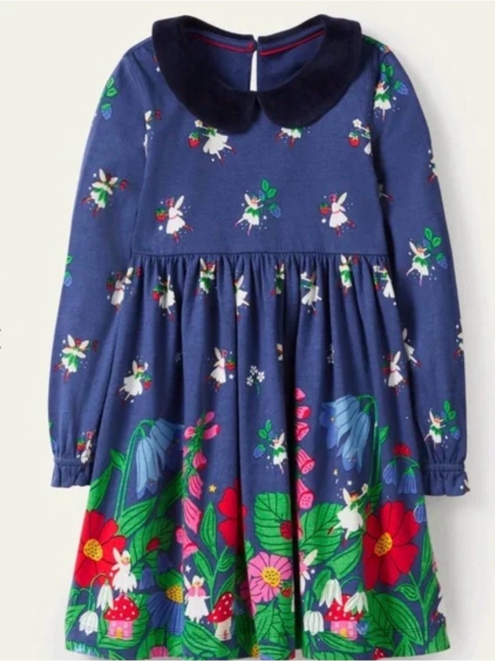 Mini Boden Navy Floral & Fairy Print Long Sleeve Dress with Velvet Collar